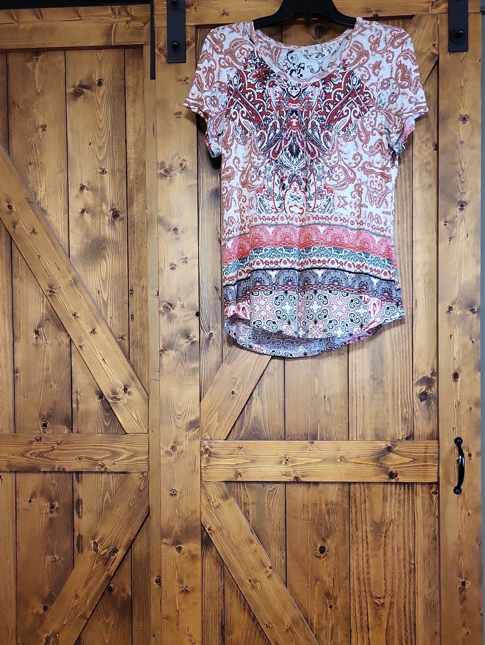 Boho Print Short Sleeve Women's Top in Coral and Cream,p To P 19